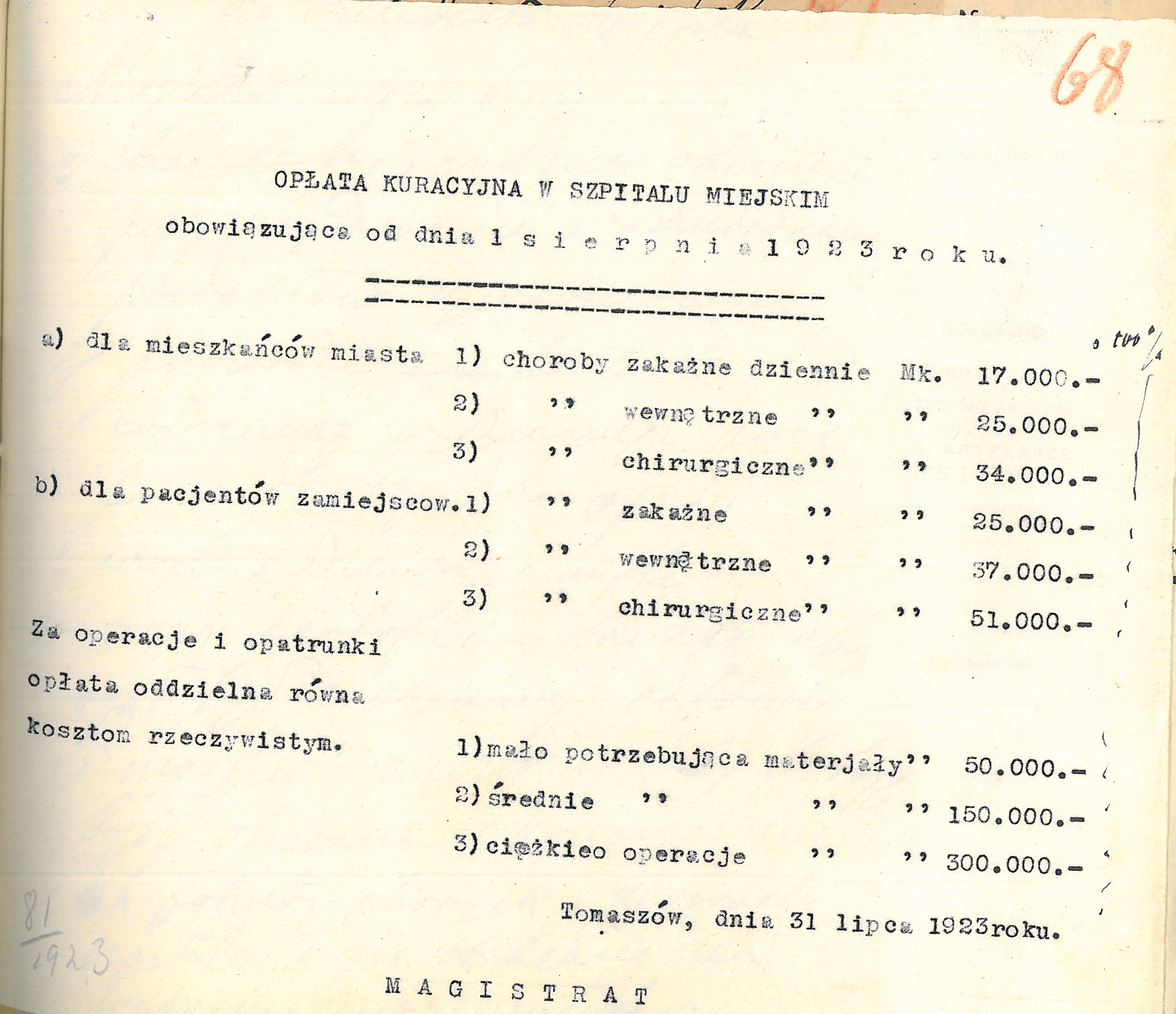 Opłata kuracyjna w Szpitalu Miejskim, 1923 r.